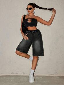 SHEIN PETITE 純色直筒寬鬆休閒街頭風短褲，附腰帶環，深色水洗，適合城市度假、夏季日常穿搭，小個女款 - 黑色 - 查看 7