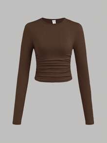 SHEIN Girlism Teen Girl Knit Solid Color 3pcs Pieces Set Round Neck Ruched Long Sleeve T-Shirts - Multicolor - View 5