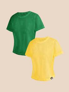Cheerettes Women's 2pcs Solid Color Hollow Out Sheer Short Sleeve Athleisure Sports T-Shirt , Emerald Green/Light Yellow, All Seasons, For Gym& Fitness Training - Multicolor - View 11
