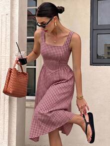 Siren Gaze Casual Vacation Style Red Plaid Full Print Pattern Women's Mid-Length Dress Suitable For Spring And Summer - Multicolor - View 1