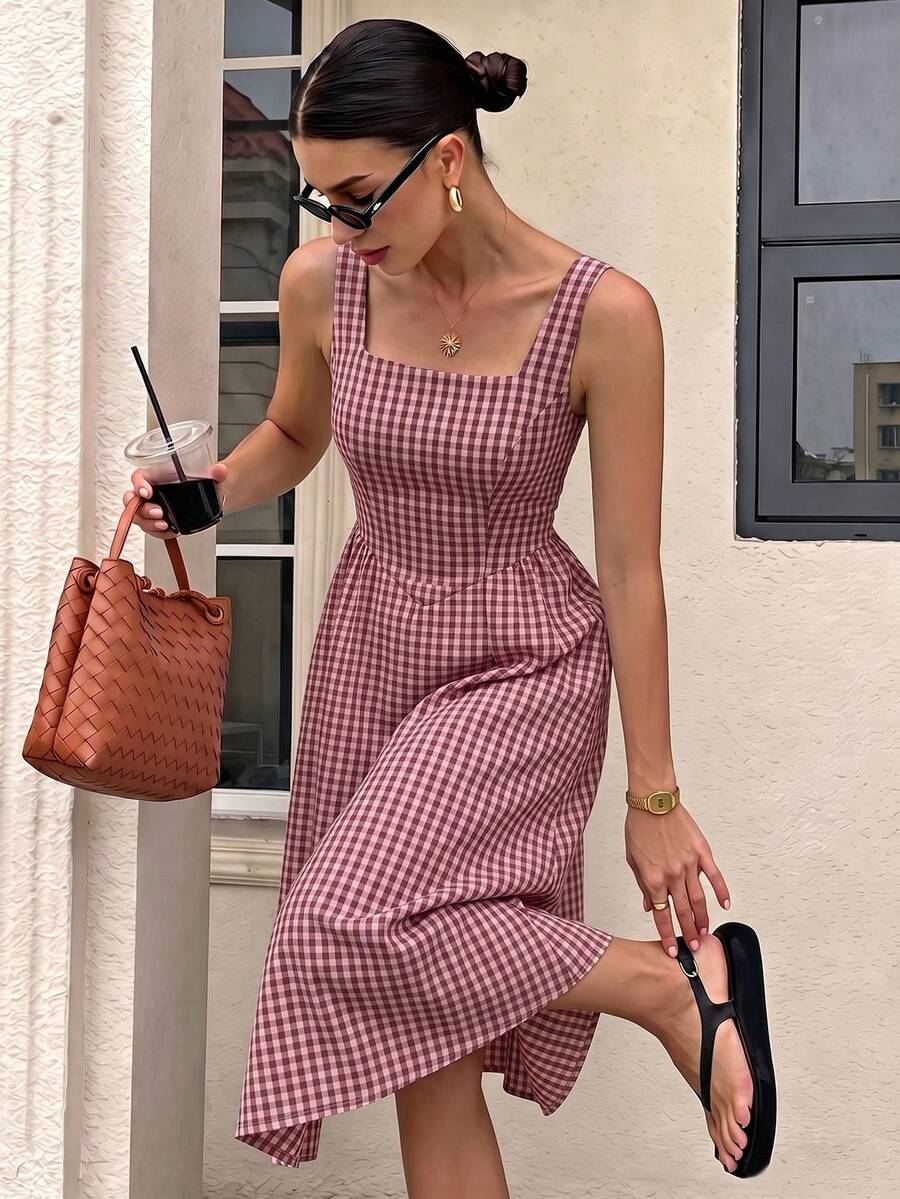Siren Gaze Casual Vacation Style Red Plaid Full Print Pattern Women's Mid-Length Dress Suitable For Spring And Summer - Multicolor - View 1