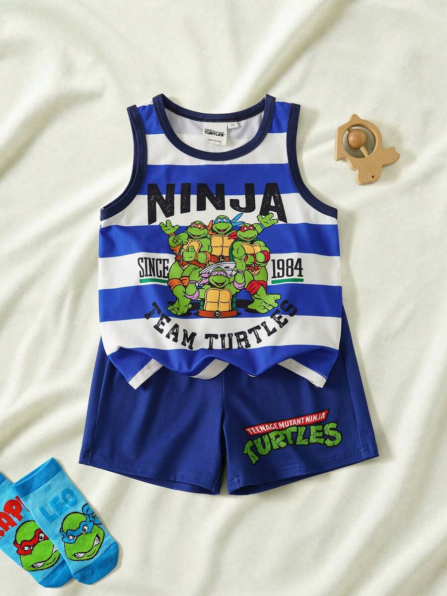 TEENAGE MUTANT NINJA TURTLES | SHEIN Setelan Pakaian Santai Anak Laki-Laki: Tank Top dan Celana Pendek Motif Kartun Garis-Garis Warna Blok - Biru - View 1