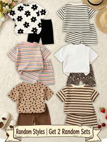 (Random Pattern, 1 Set Random) Summer Toddler Girls Colorful Striped Floral Leopard Cartoon Bunny Letter Print Basic Short T-Shirt & Cycling Pants Set - Multicolor - View 2