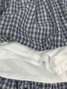 SHEIN 新款女款甜美學院風復古辣妹格紋喇叭迷你裙 校園風 海軍藍 秋季 - 藏蓝色 - 查看 5