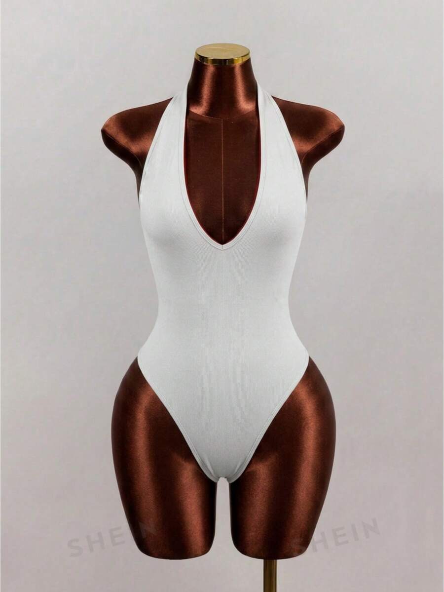 Sirith Seamless Knit Deep V-Neck Backless Halter Bodysuit Backless Style