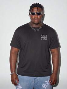 Modcrash Plus Size Men Slogan "Conquer Fear" Print Street Style Round Neck Short Sleeve T-Shirt - Black - View 5
