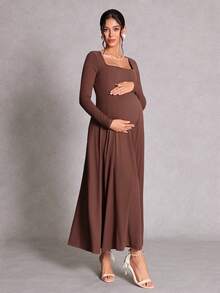 SHEIN Maternity Solid Color Square Neck Long Sleeve Elegant Dress Photoshoot Business Casual Outfit Daily Commute Old Money Style Work Brown Autumn Fall - Coffee Brown - View 6