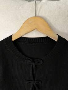 SHEIN LMoss Kids 女孩粉色針織秋季毛衣，蝴蝶結裝飾，可愛休閒，柔軟舒適百搭，適合居家、派對與度假 - 黑色 - 查看 5