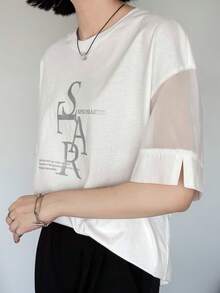 FRIFUL Women's Summer New Round Neck Short Sleeve Patchwork Sheer Fabric Silver Foil Letter Print Loose Versatile T-Shirt - White - View 6