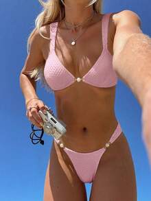 Swim Mod Solid Color Fabric Pearl Accessory Linked, Elegant Sexy Women's Swimwear Set Beach Party Pink Summer - Pink - View 4