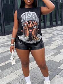 Slaydiva Women's Black And White Man Portrait Sleeveless Round Neck Loose Tank Top,Summer Casual Rave Independence Day Music Festival Y2K Style - Black - View 2