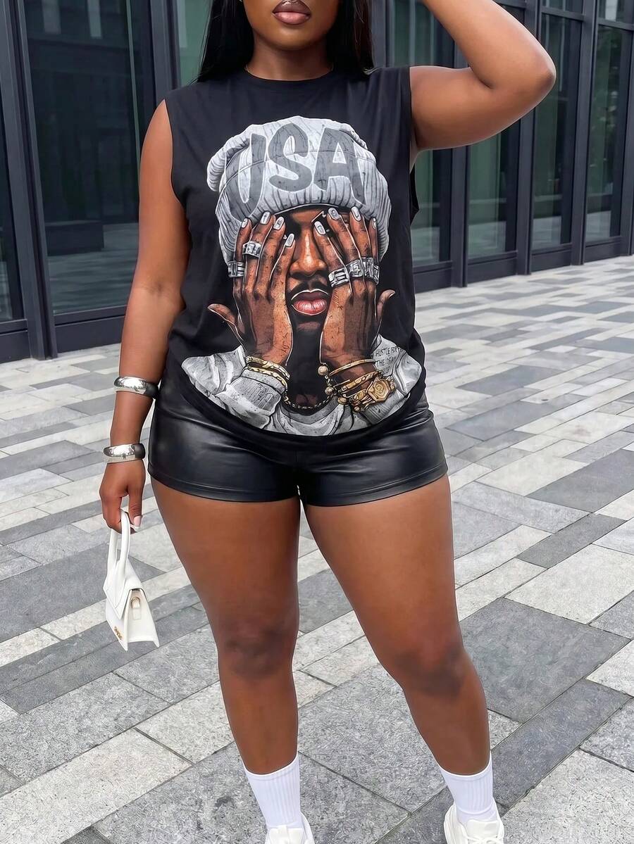 Slaydiva Women's Black And White Man Portrait Sleeveless Round Neck Loose Tank Top,Summer Casual Rave Independence Day Music Festival Y2K Style