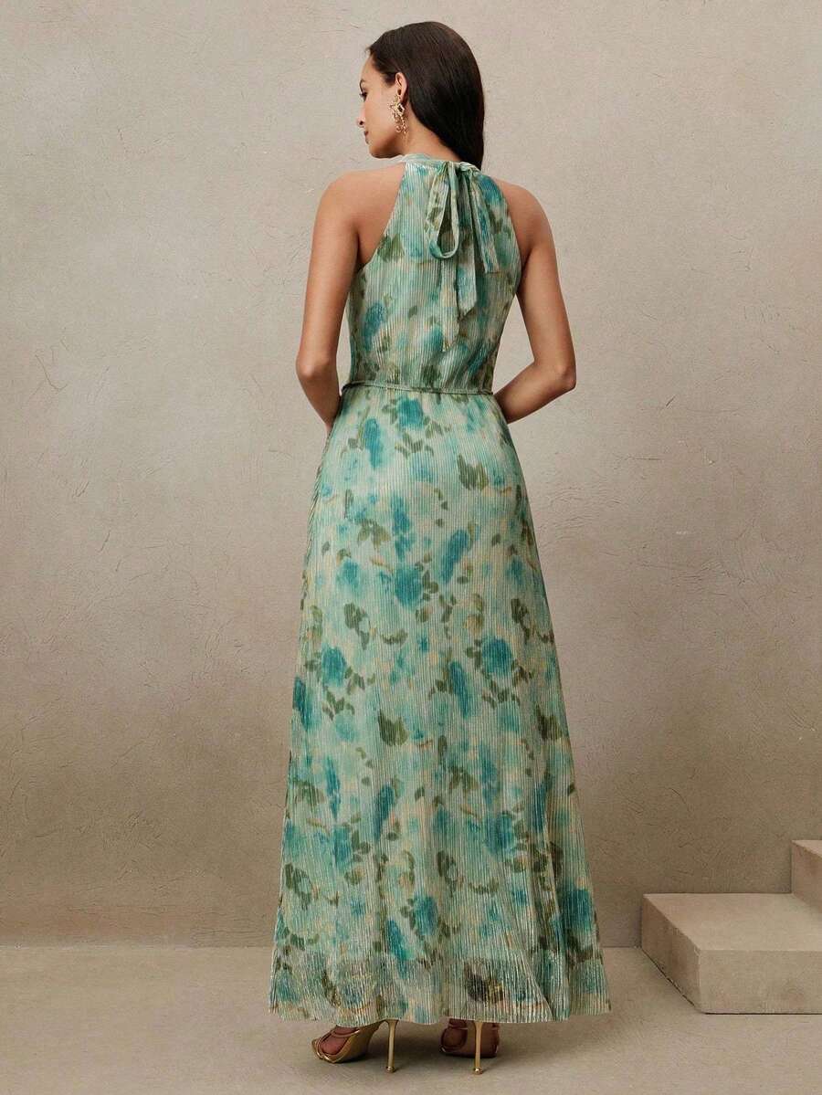 BiaLiraa 女款優雅花卉印花A字洋裝,收腰設計,掛脖領,適合春/夏,婚禮、派對、節慶、畢業典禮、度假 - 綠色 - 查看 1