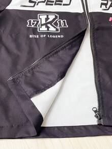SHEIN Explorewe 青少年男童撞色字母图案摩托车夹克，秋季款，亲子/兄弟姐妹装 - 黑與白 - 查看 4