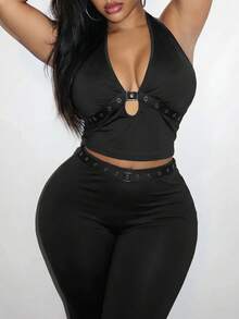 Slaydiva New Spring/Summer Women's Plus Size Two Pieces Set Sexy Halter Neck Top With Eyelet Webbing Flared Pants Pantsuit Suspender Top Set Solid Black - Black - View 6