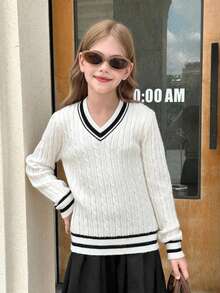 SHEIN Serisse Kids 青少年女孩优雅纹理 V 领长袖修身毛衣，适合日常、周末、休闲外出、返校穿着 - 白色 - 查看 7