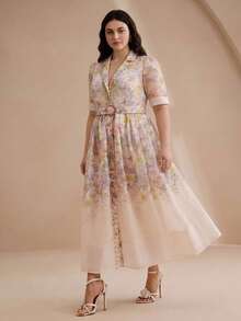 Anewsta Frühling/Sommer eleganter Stil helles Apricot hochwertig positioniert bedrucktes Kurzarm-Hemdkleid mit geraffter Taille und Bindung vorne, Damen-Maxikleid in großen Größen - Verschiedenfarbig - Übersicht 7