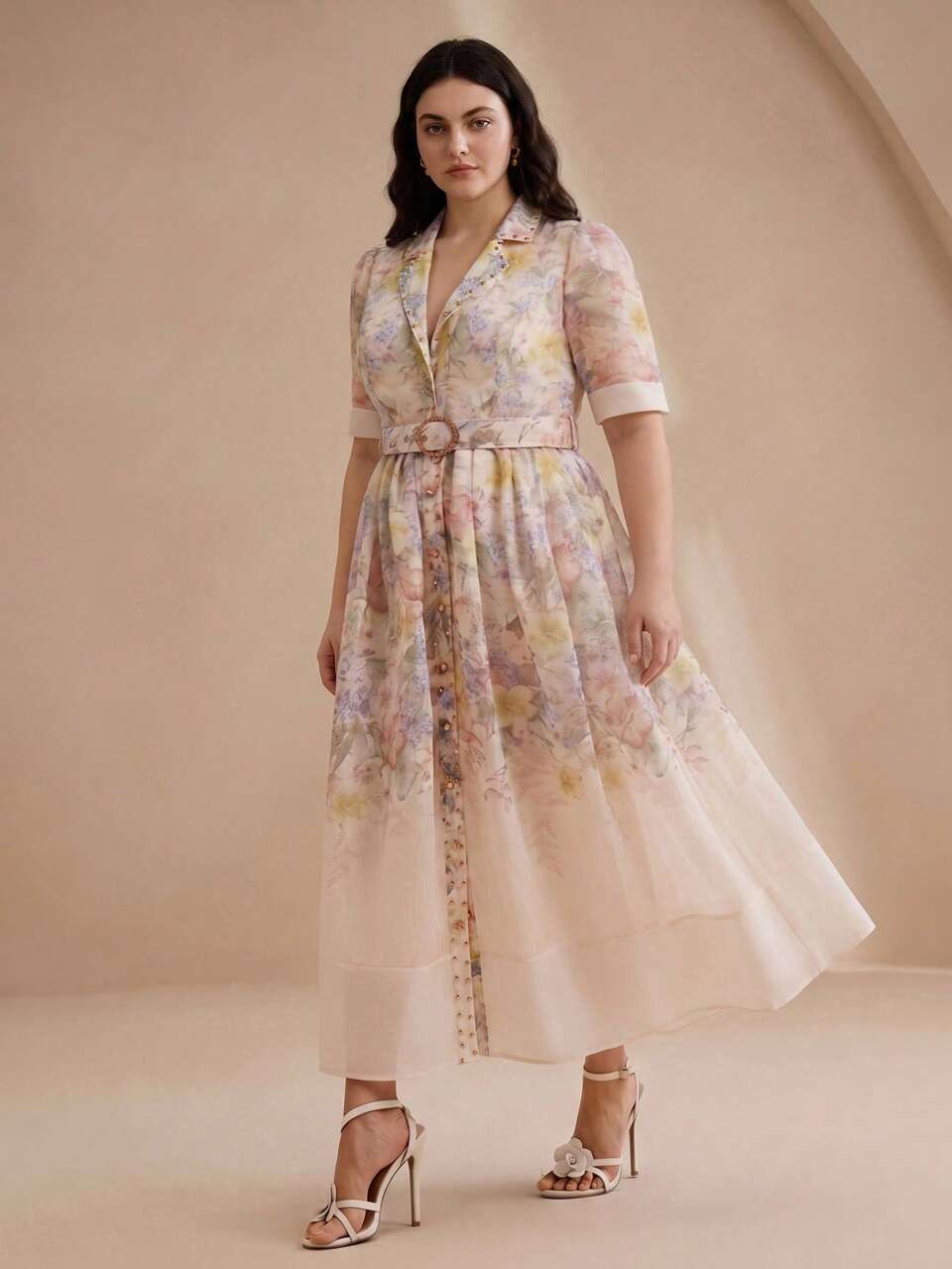 Spring/Summer Elegant Style Light Apricot High-End Positioning Printed Short Sleeve Cinched Waist Tie-Front Shirt Dress Plus Size Women Long Dress