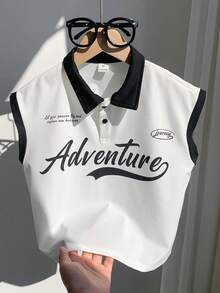 SHEIN 儿童/青少年男童休闲舒适拼接领半扣字母印花针织Polo衫，Y2K风格，白色Polo衫，基础款上衣，夏季，适合春夏、外出、情人节、约会、旅行、度假、家庭聚会、返校、婚礼、晚宴、运动、生日派对等场合。 - 彩色 - 查看 5