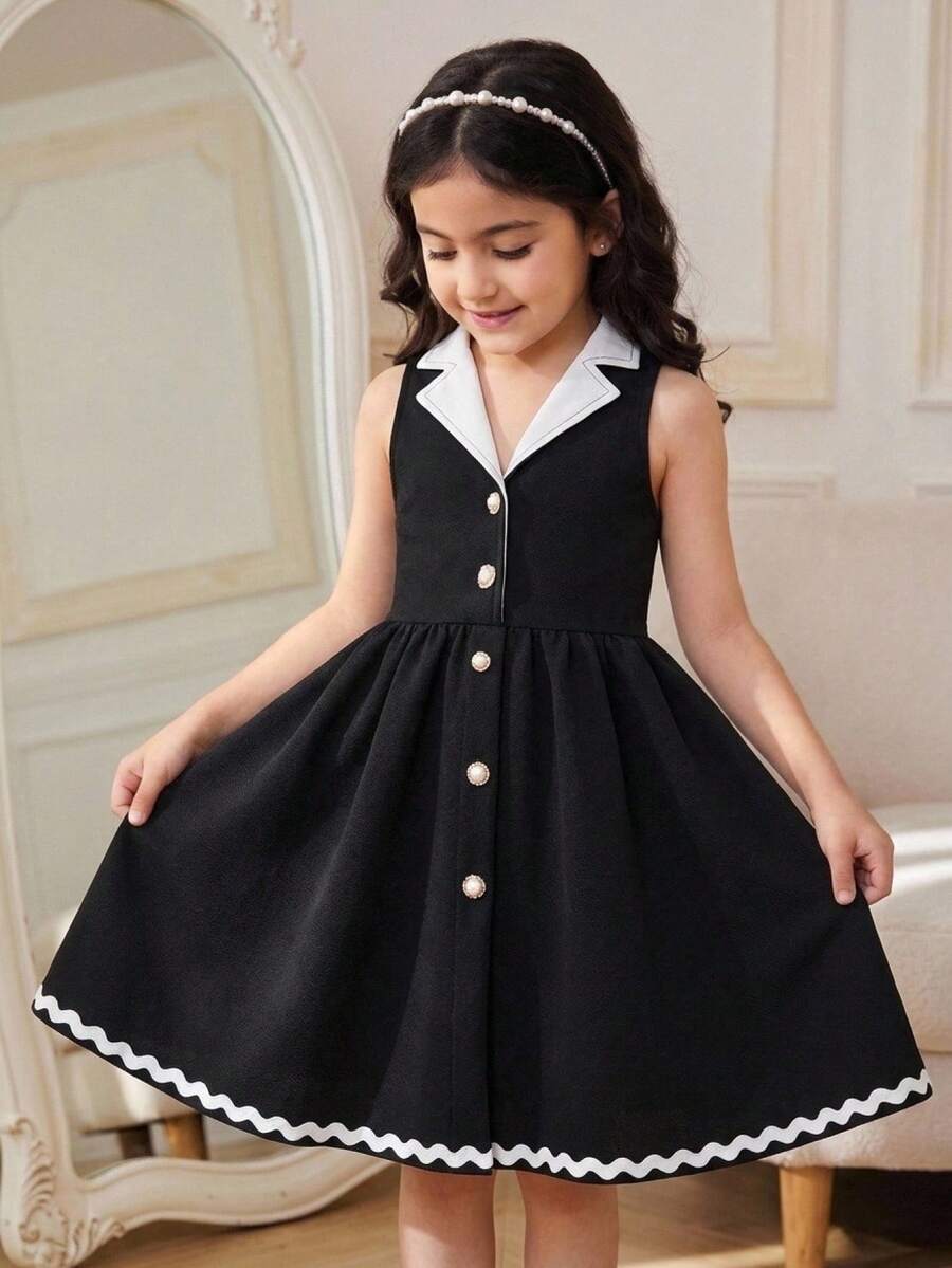 SHEIN Elladie kids 少女夏季新款時尚黑白掛脖露背收腰鉚釘珍珠鈕扣優雅甜美百搭度假風洋裝