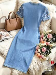 SHEIN Franclia Rhinestone & Pearl Embellished Denim Effect Print Dress For Women, Round Neck, Short Sleeve, Cinched Cinched Waist Mid-Length Bodycon Skirt - Blue - View 2
