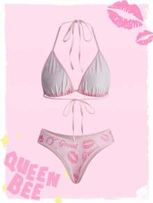 Mean Girls | ROMWE Ensemble de lingerie avec soutien-gorge triangle à col ras-du-cou et culotte, imprimé amusant de oreilles de lapin et lèvres de dessin animé - Rose bonbon - Voir 2