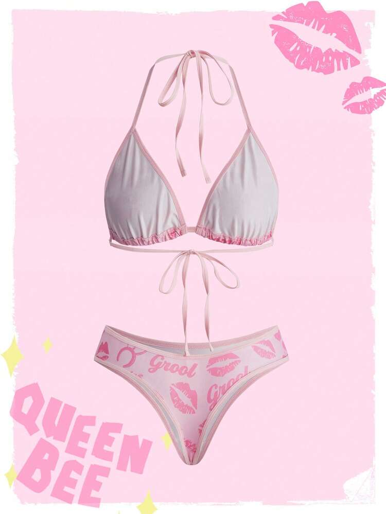 Mean Girls | ROMWE Rabbit Ears & Lips Funny Cartoon Print Halter Neck Triangle Bra & Panty Lingerie Set - Pink - View 2