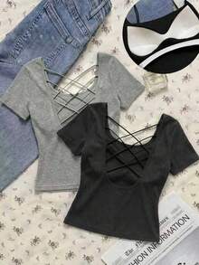 SHEIN EZwear 休闲纯色吊带T恤，带衬垫胸罩，夏季上衣，罗纹T恤，适合日常通勤、约会、聚会、秋冬夏三季、圣诞节、新年、感恩节、派对、婚礼、海滩、毕业典礼等场合，时尚、优雅、休闲、外出、约会、预订、通勤、闪亮、情人节、优雅、度假、休闲、Y2K、外出、毕业典礼等。 - 彩色 - 查看 2