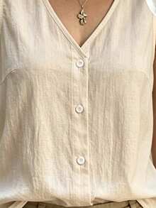 Balvessa 女款白色可追溯棉質V領前扣無袖背心 - 杏色 - 查看 3