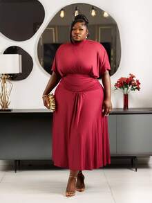 CurvyTilda Plus Size Comfortable Casual Elegant Vacation Minimalist Versatile Daily Wear Waist Ruched Stand Collar Elastic Flared Hem Dress For Women, Spring/Summer - Burgundy - View 1