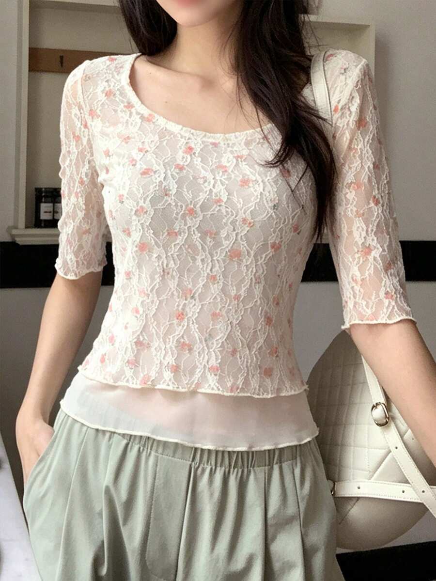 Tideelle 女款夏季新款花卉蕾絲短袖T恤 獨特美觀短版上衣 隨機圖案 適合早午餐 粉色花卉 浪漫可愛