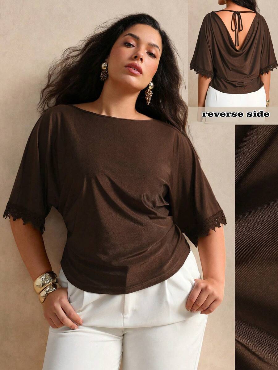 Juhart Plus Size Women's Summer Drapey Cool Solid Color Knit Hollow Out Open Back Tie Bow Lace Patchwork Design Elegant Minimalist Commute Top T-Shirt Brown - Brown - View 1