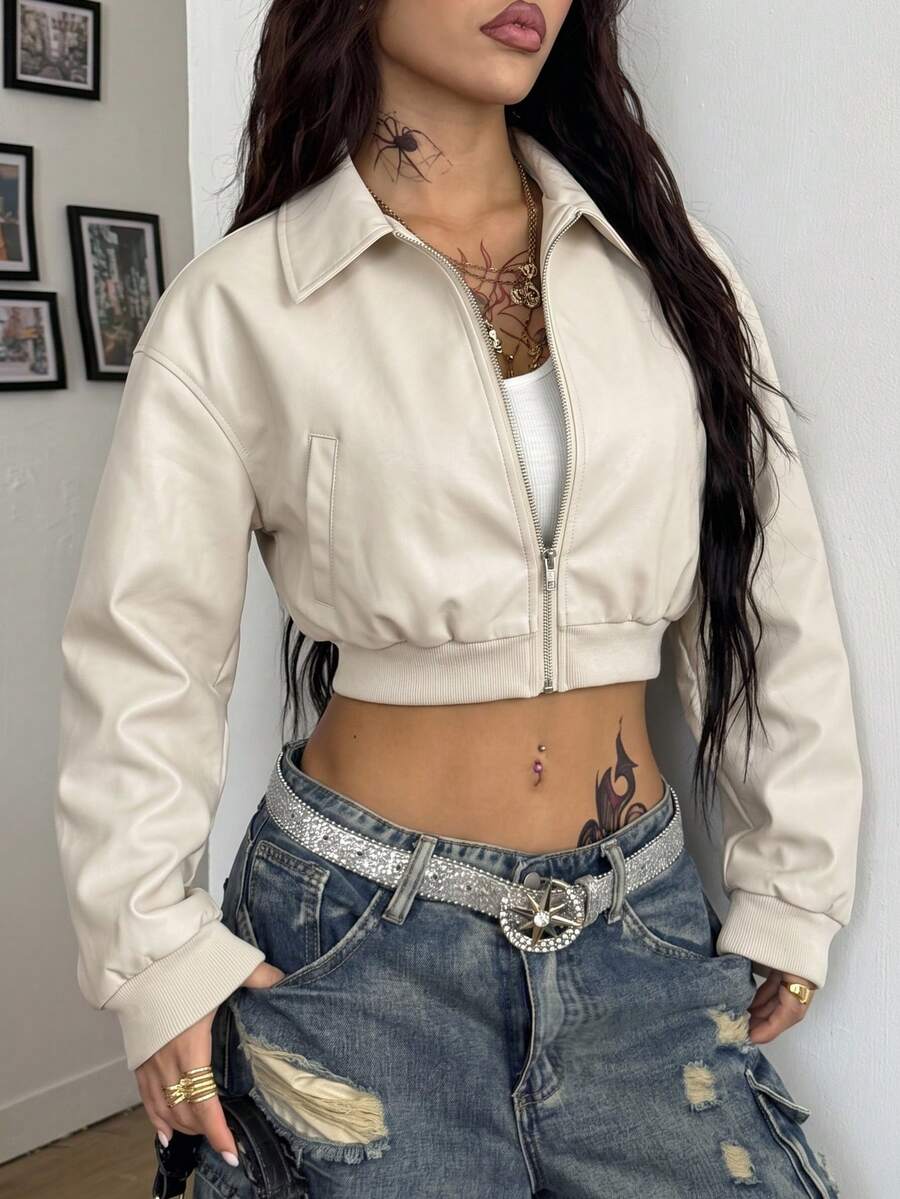 Coolane 女款秋季街頭風約會夜生活辦公穿搭復古紅色皮革短夾克外套 - 杏色 - 查看 1