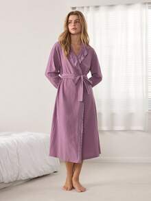 Ocili Women's Solid Color Contrast Lace Long Sleeve Elegant Loungewear Robe - Lilac Purple - View 7
