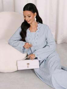 Al Najma Women's Solid Color Shell Trim Elegant Modest Long Sleeve Arabic Dress Dates Summer - Blue - View 7