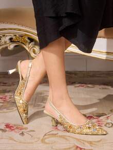 CUCCOO TILAWA Women's Rhinestone Pointed Toe Shiny Fashionable High Heels, Versatile For Daily Wear Valentine's Day - Gold 4 - View 5