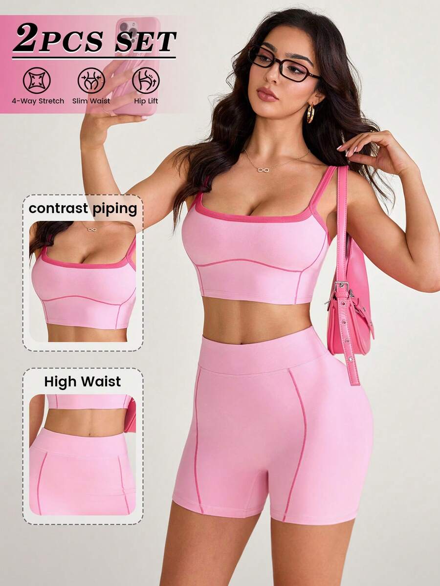 SHEIN Sovereign Charm Conjunto deportivo de mujer con top de tirantes corto de bloques de color y shorts - Multicolor - Ver 1
