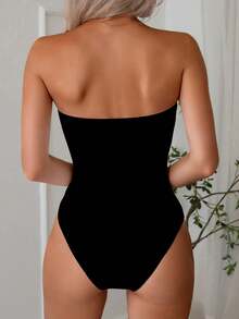 Traje de baño de una pieza elegante y sexy para mujer, de unicolor, tipo bandeau, para el verano - Negro - Ver 2