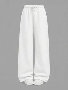 SHEIN Tween Girl Tween Girls Autumn And Winter Plus Velvet Thickened Simple Drawstring Loose Sports Straight Pants - White - View 5