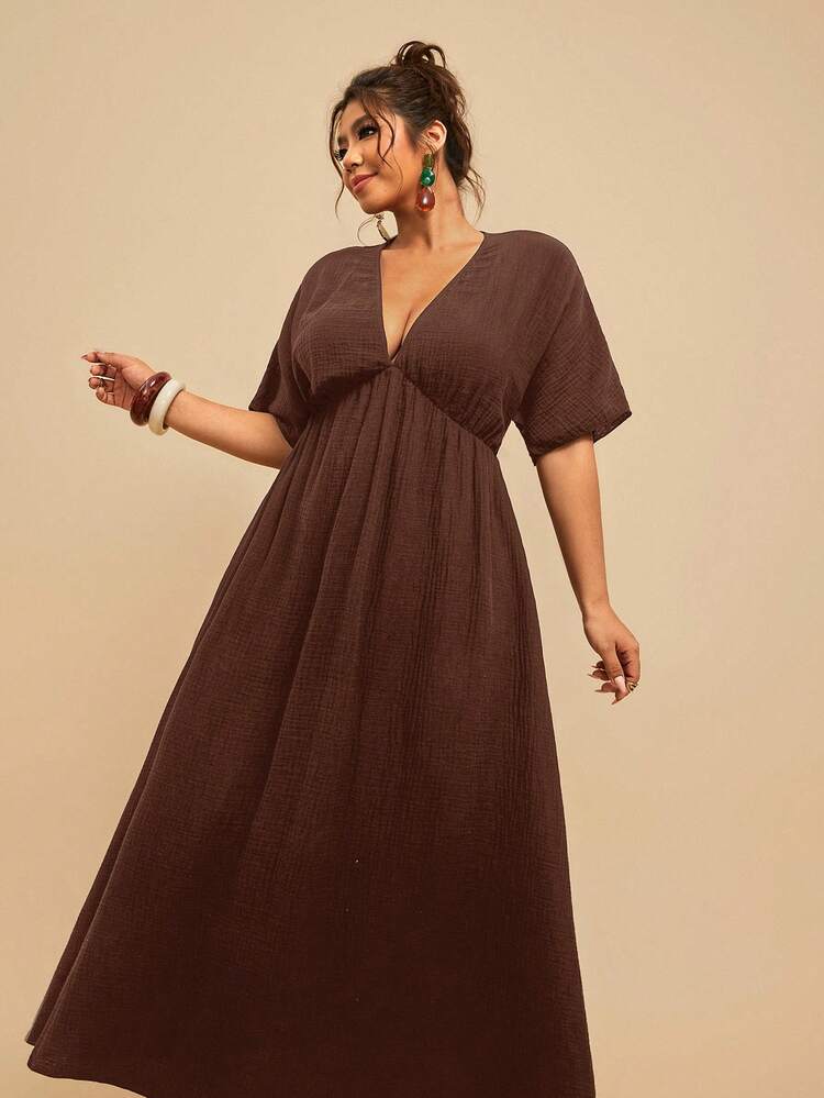 Travachic 100 Cotton Plus Size Women's Vacation Casual Boho Solid Color Deep V-Neck Short Sleeve Loose Fit Dress Chocolate Brown Summer Formal - Chocolate Brown - View 9