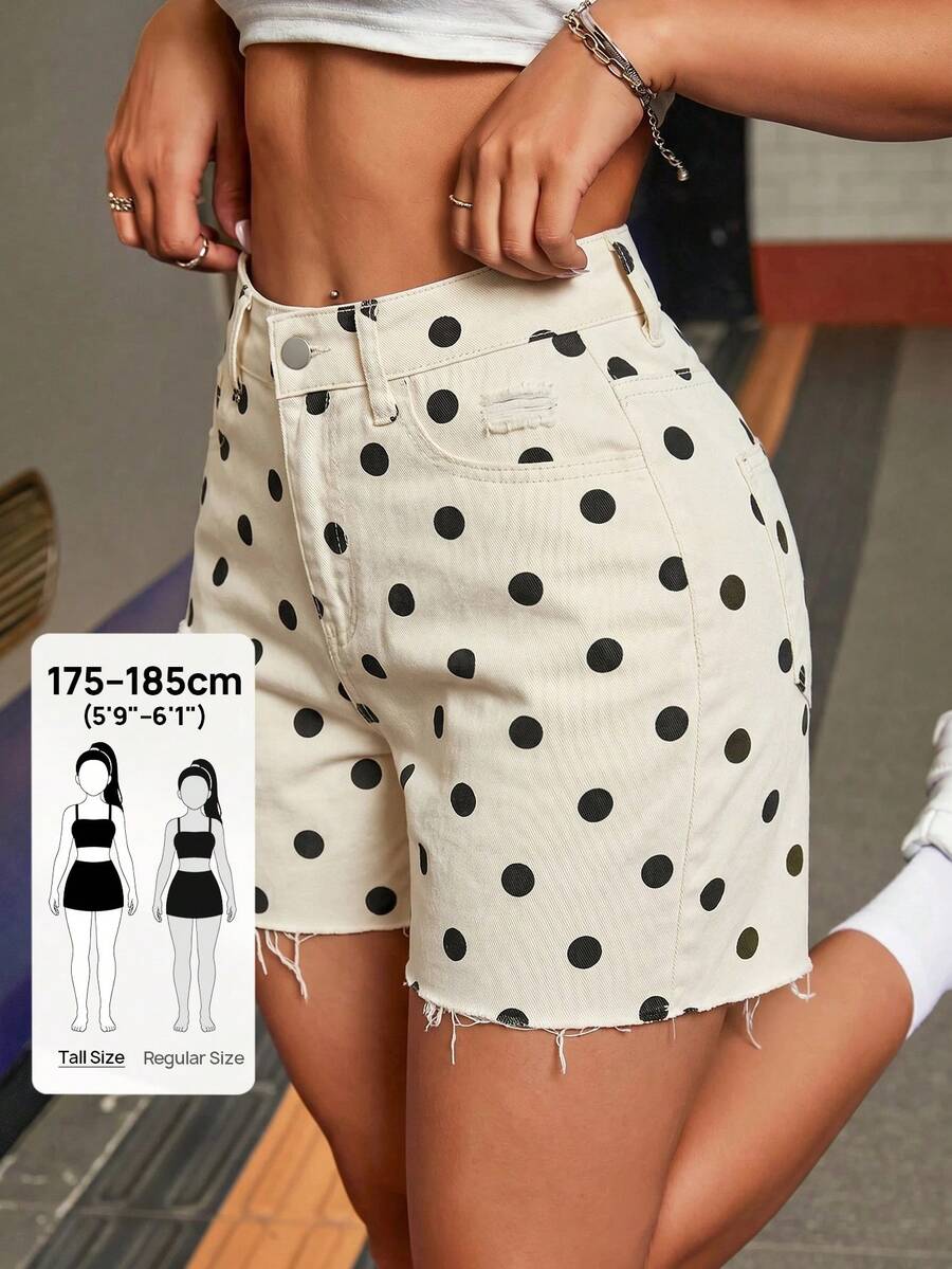 SHEIN Tall 女款休閒黑白波點印花破洞牛仔短褲,夏季日常,適合高個女性 - 米色 - 查看 1