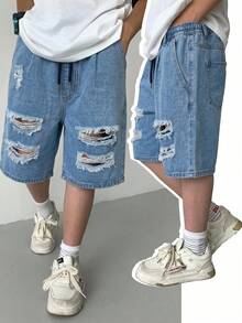 Tween Jungen Mode Casual Y2K Vintage Cool Straße Cut-Out zerrissene ausgefranste Basic einfach und bequeme Kordelzug Baumwolle elastischer Bund Jeans Shorts für den täglichen Gebrauch und Frühling bis Sommer Rave Festival und Streetwear - Blau - Übersicht 6
