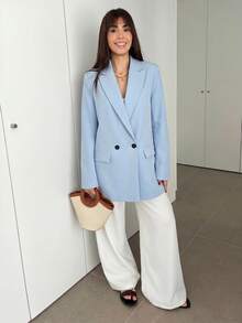 Hitanina Women's Business Style Solid Color Double-Breasted Blazer Jacket For Commuting, Autumn  - Baby Blue - View 4