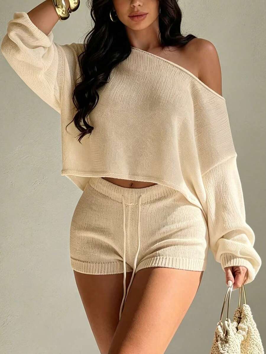 Swim SXY 2026 Spring-Summer Collection: New Slanted Collar Top With Shorts – Elegant Vacation Style Women's Swimwear Two Pieces Set - Apricot - View 1