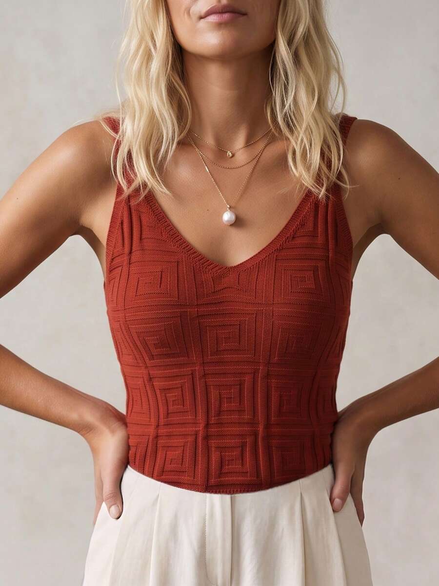 Sprig & Strand Sleeveless Solid Color Knit Top, Summer Holiday Vacation Red Checkered Boho - Burgundy - View 1