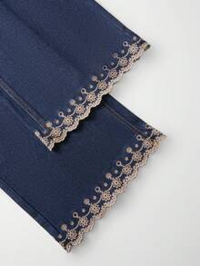 GlowEve Women's Elegant Loose Casual Straight Leg Pants With Contrast Color Embroidered Hem - Blue - View 3