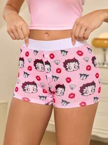 Betty Boop x SHEIN Women's Elastic Waist Cartoon Print Boxer Briefs - Red and White - View 3