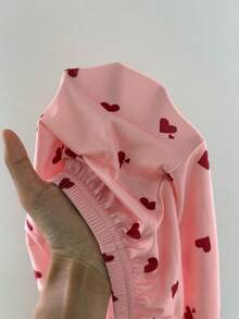 DUSKBASE Valentine's Day Colorblock Frill Trim Heart Print Camisole & Shorts Pajama Set - Pink - View 7