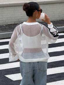 Muchica Women's Sheer Mesh Raglan-Sleeve T-Shirt Featuring A Center-Front Patch; Sexy Stylish Streetwear Y2k Brunch Black And White Striped Autumn - White - View 2