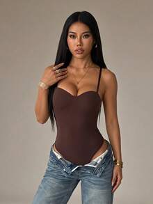 SHEIN PETITE Women's Solid Color Sexy Fashion Camisole Bodysuit ,Petite Women - Brown - View 6